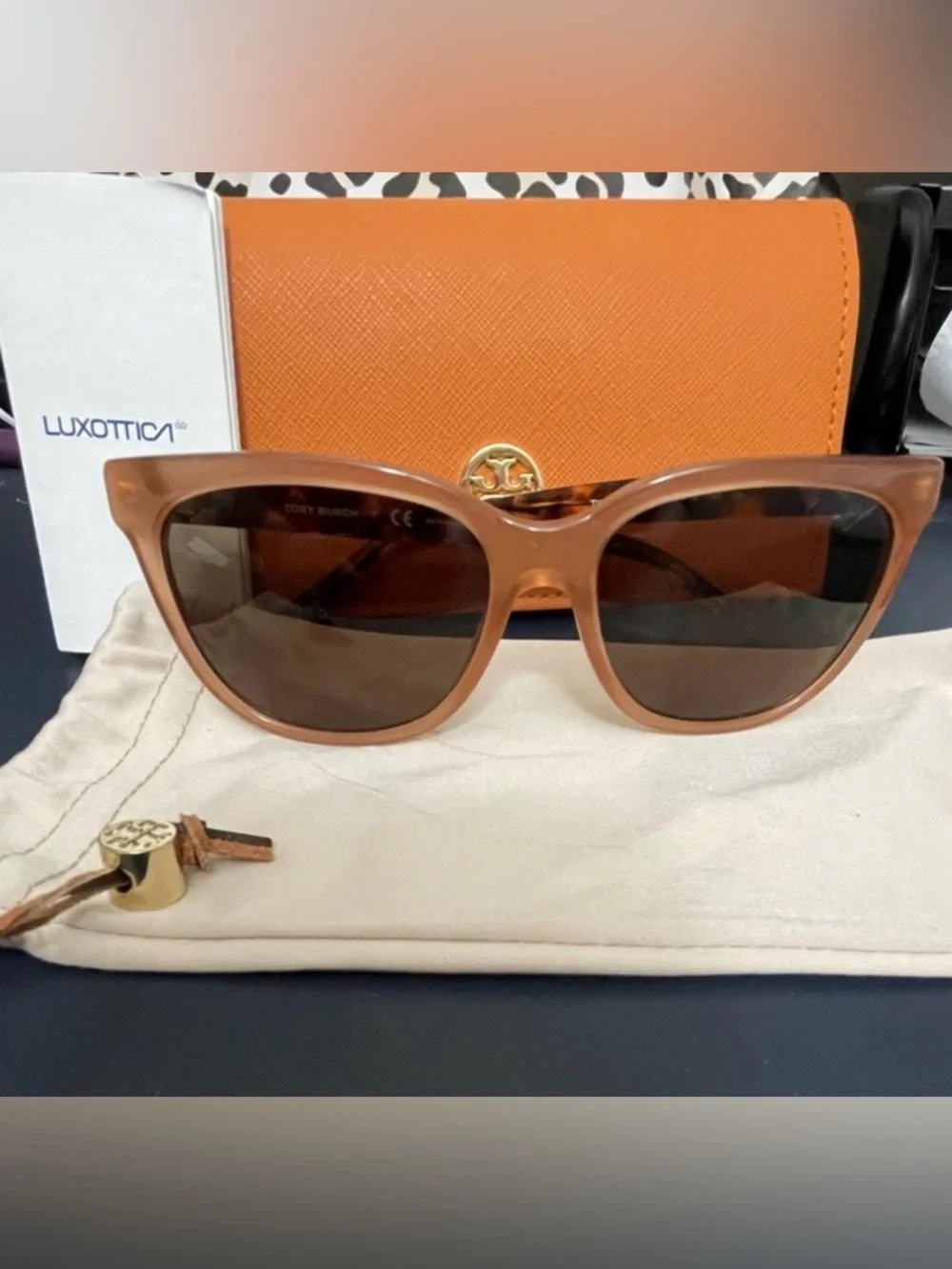 Tory Burch Rose and Tortoise Dark Havana Square Cat eye Sunglasses